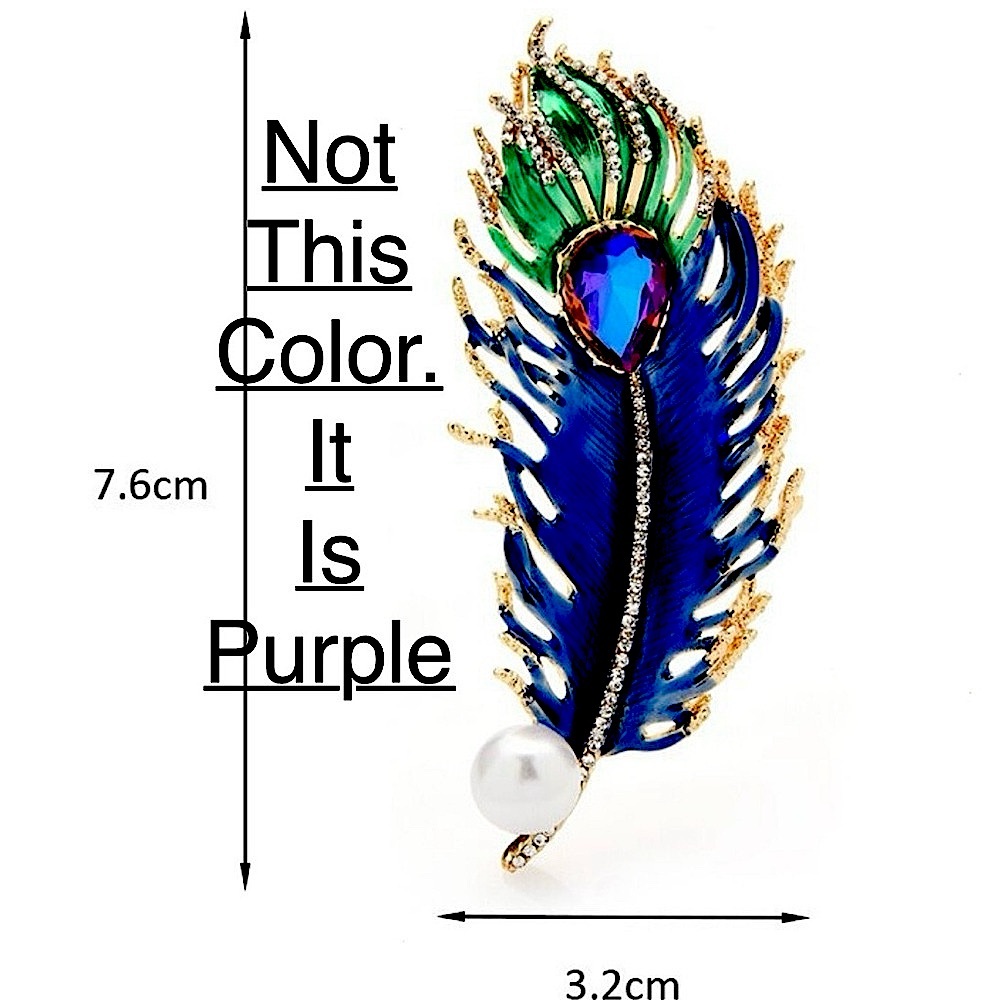 Feather Purple, Green, Gold, Crystal, Faux Pearl & Enamel Brooch - Picture 7 of 8
